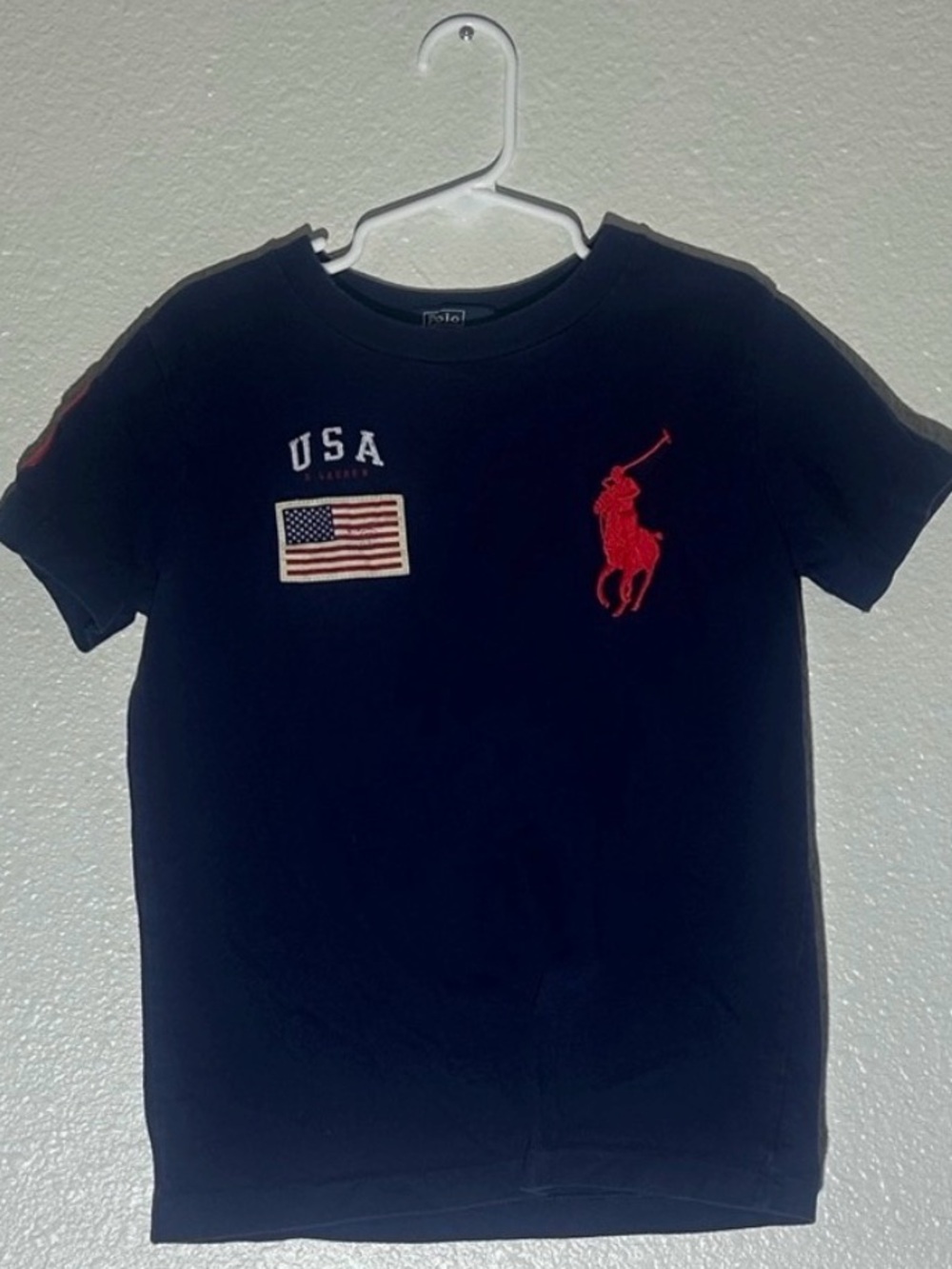 Boys Ralph Lauren Navy Short-Sleeve Tee with Large Red Pony & Flag Patches
